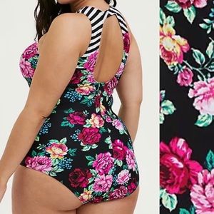 Torrid Black Floral and Stripe Wireless One-Piece